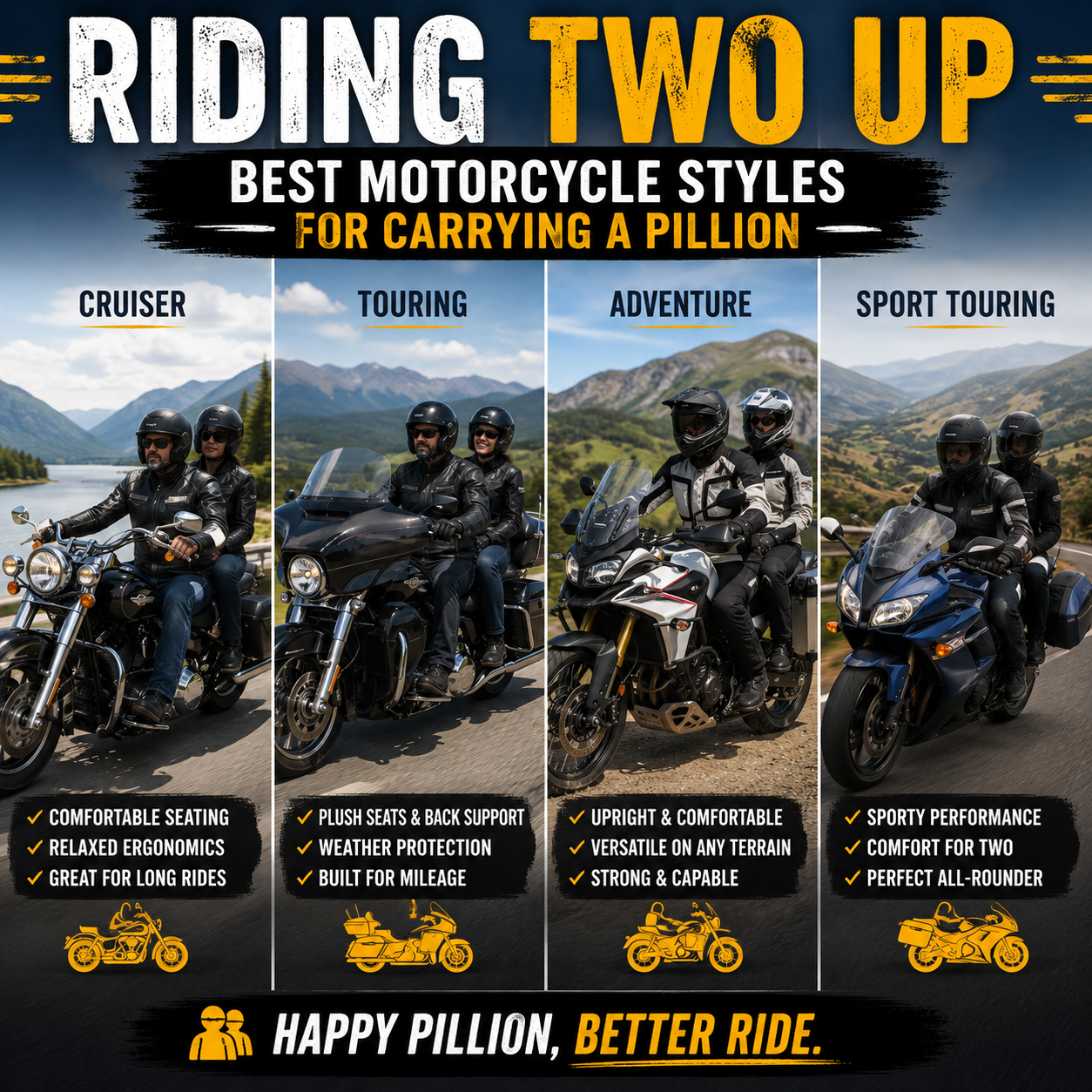 A rider and pillion in matching helmets riding two-up along a scenic country road, the pillion holding on relaxed with green hills in the background
