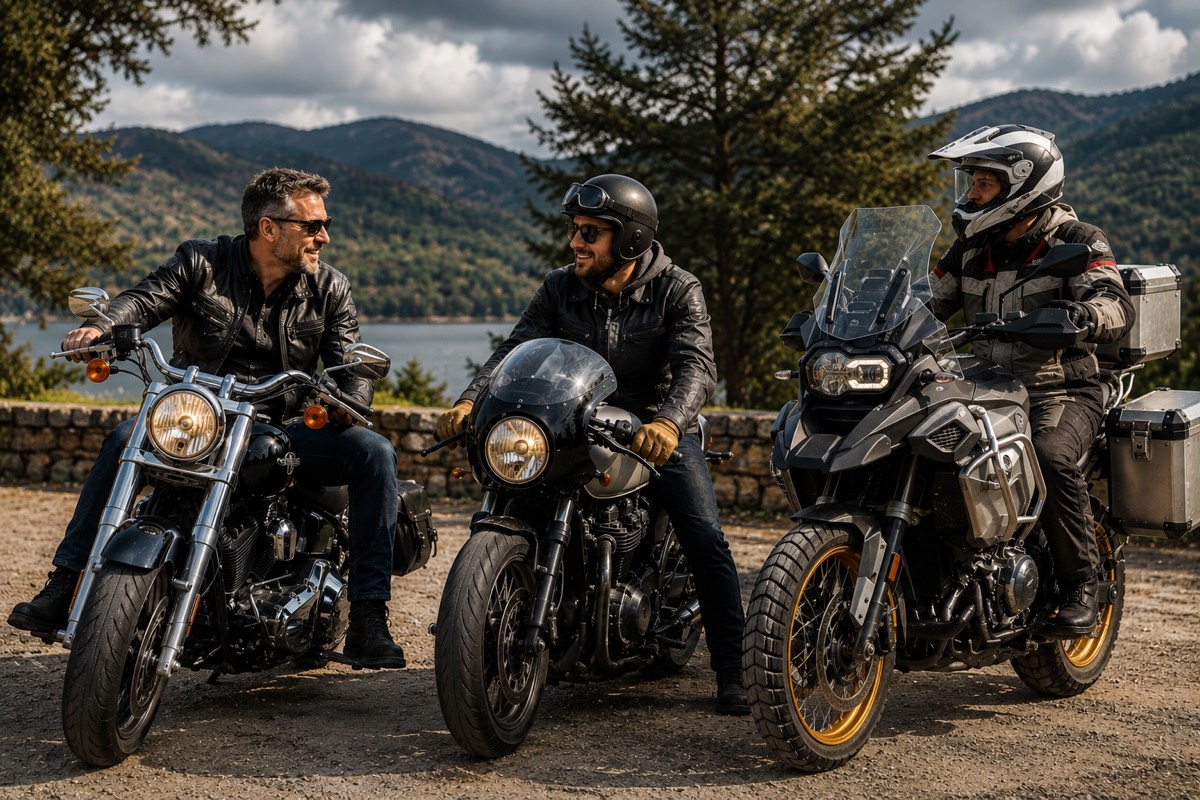 Three riders sitting on very different motorcycles — a cruiser, a café racer, and an adventure tourer — chatting together at a lakeside viewpoint