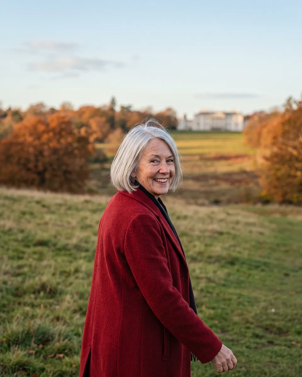 A woman in her early seventies with a silver bob and a long red coat smiles over her shoulder on an autumn heath, with a white country house in the distance (AI-generated image)