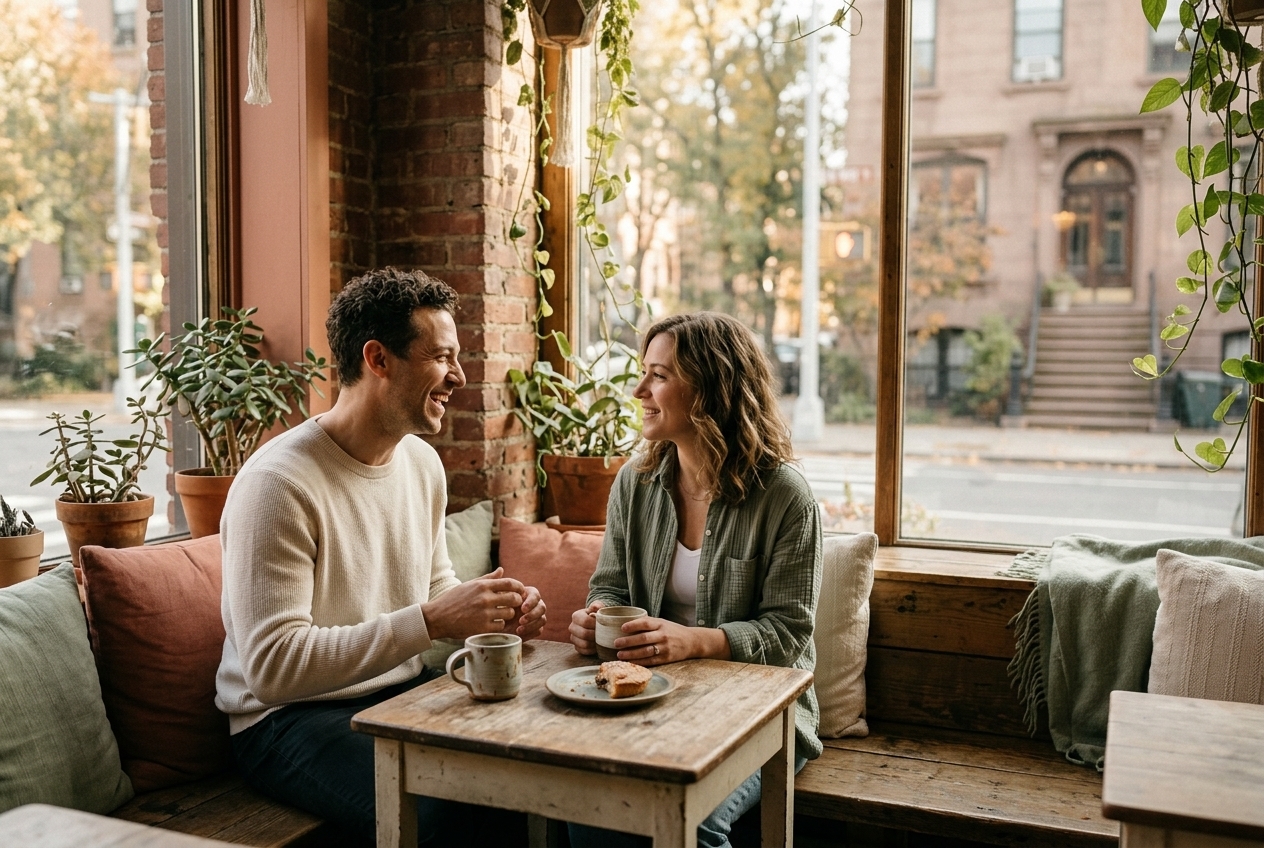 A man and a woman laughing together over coffee at a small table in a plant-filled cafe window seat
