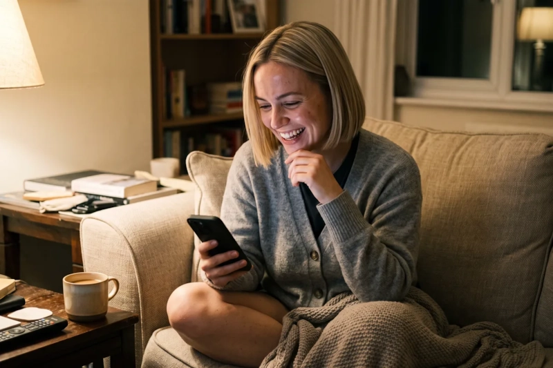 A woman with a sleek blonde bob in a soft grey cardigan sits curled on a sofa in lamplight, laughing quietly at a message on her phone (AI-generated image)