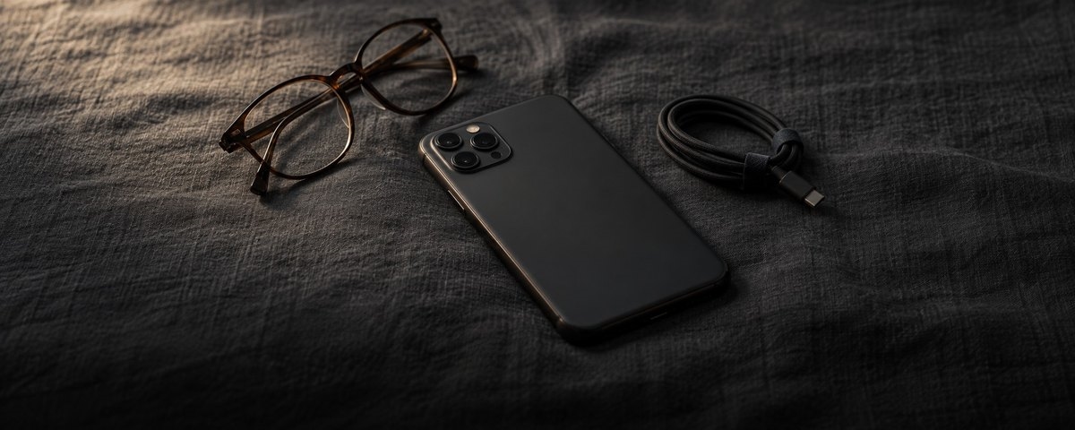 A phone lying face down on dark grey linen beside a pair of reading glasses and a coiled charging cable, lit from one side