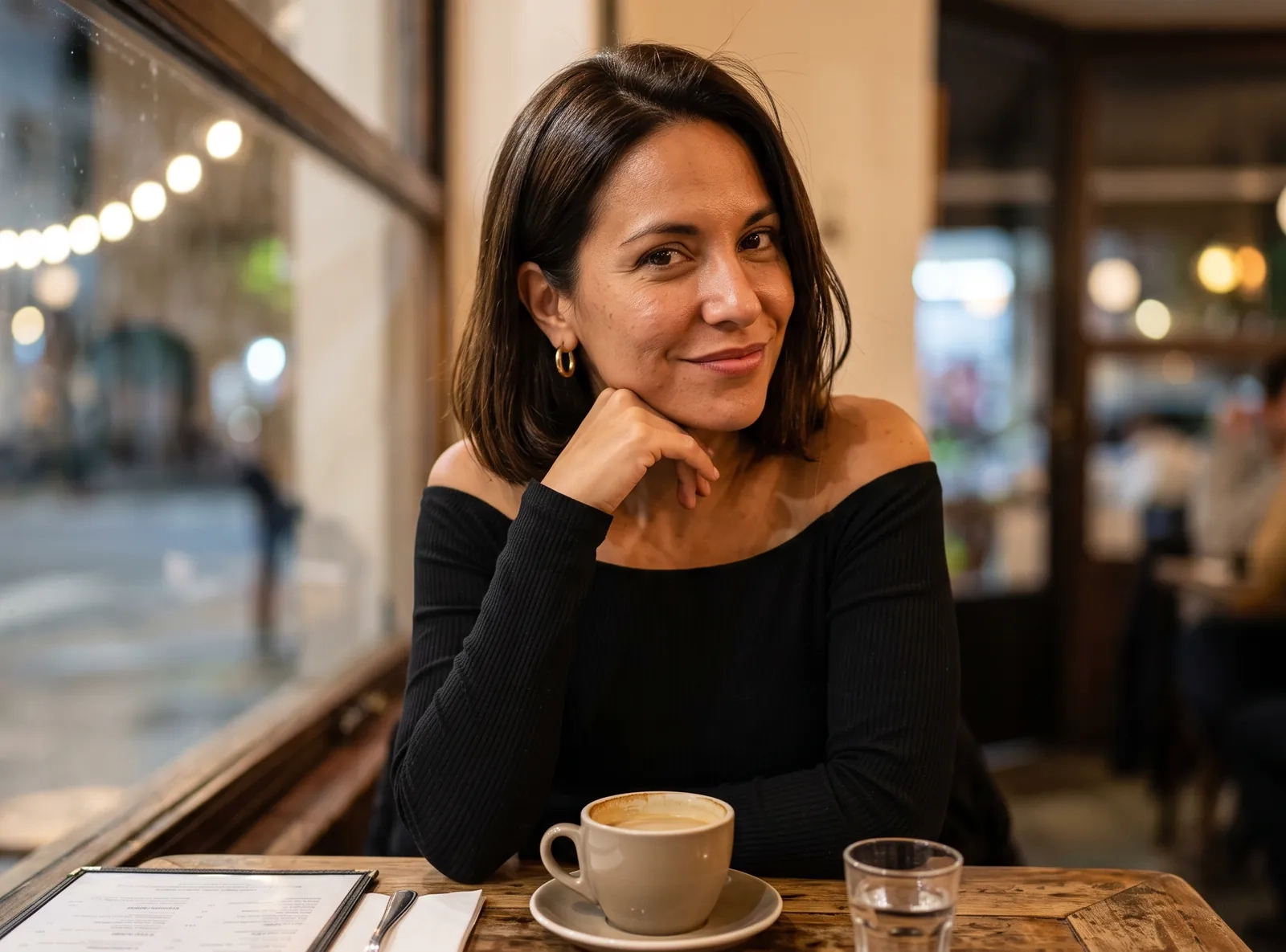 Una mujer de media melena oscura y top negro de hombros descubiertos apoya la barbilla en la mano y sonríe con coquetería en la mesa de un café de noche (imagen generada por IA)