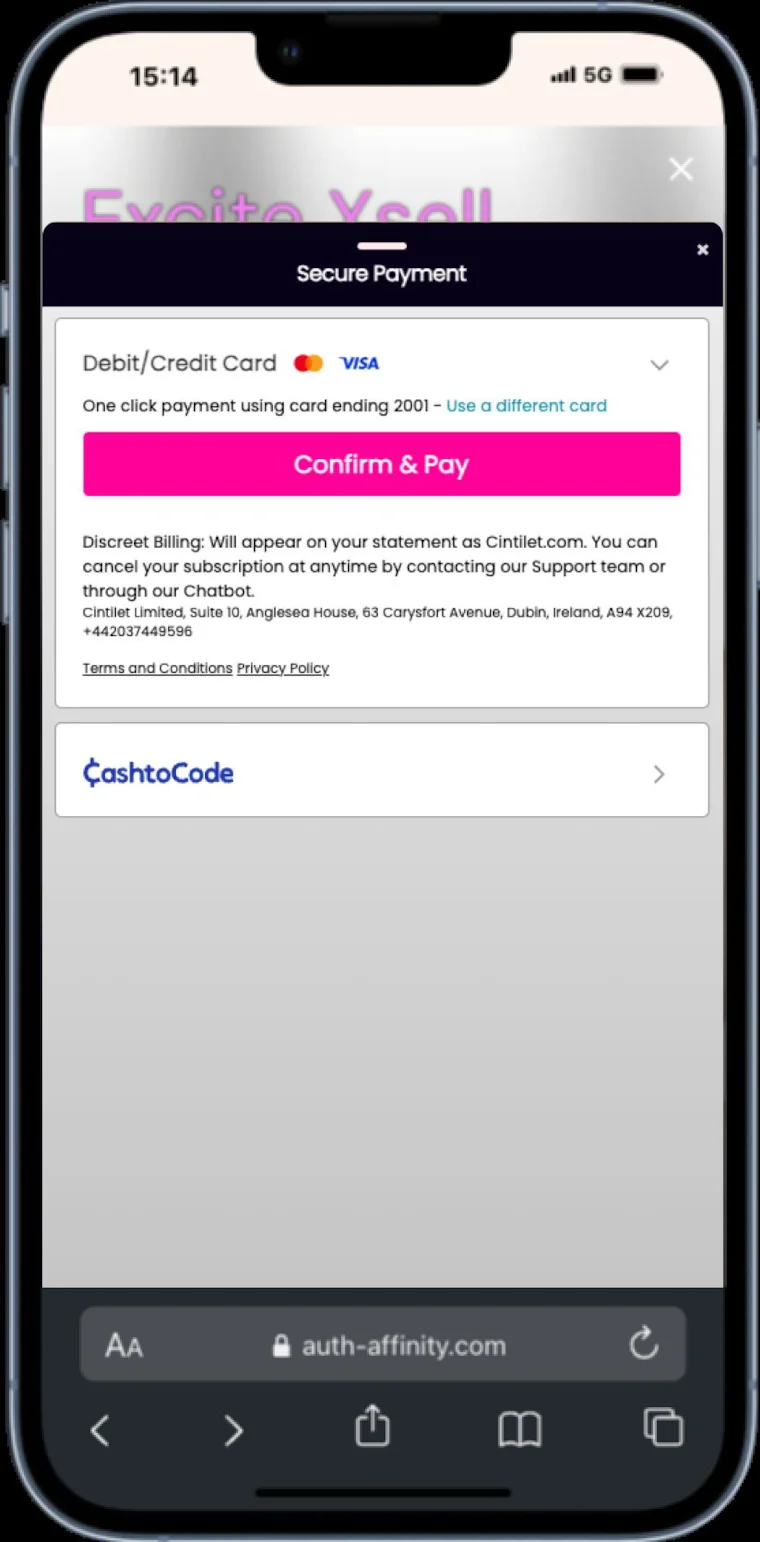 A phone showing the secure payment drawer over the Xsell page, offering a one click card payment and an alternative payment method.