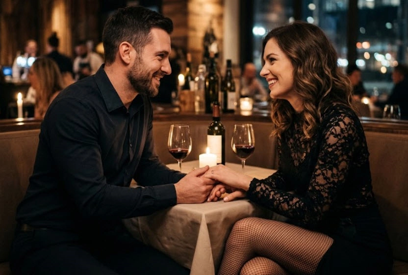 Pareja adulta cogida de la mano en la mesa de un restaurante, con velas y copas de vino