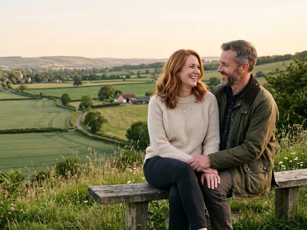 A couple sitting together on a wooden bench, looking out over rolling farmland