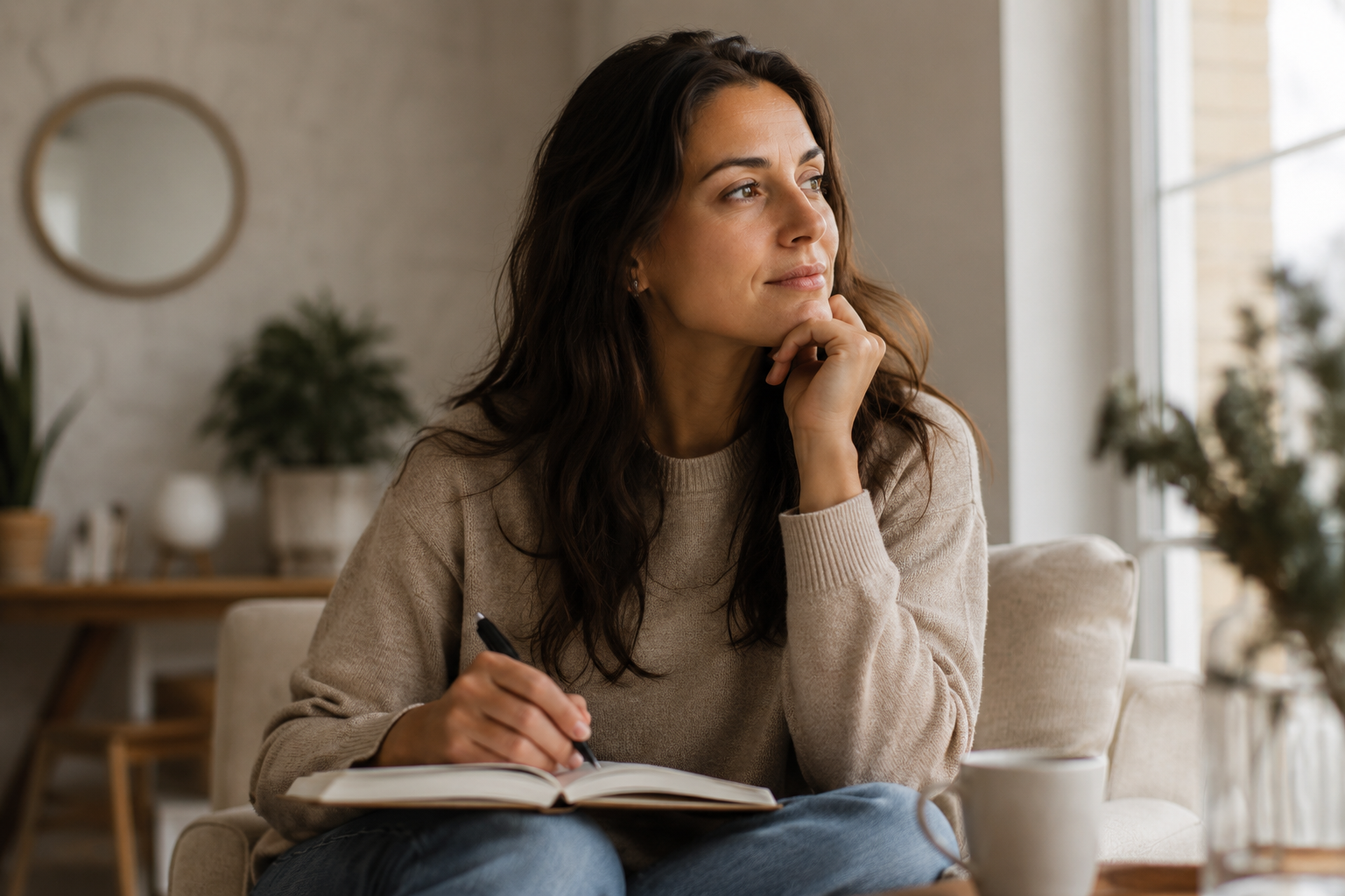 A woman sits with an open journal on her lap, pen in hand, pausing to look thoughtfully out of a window
