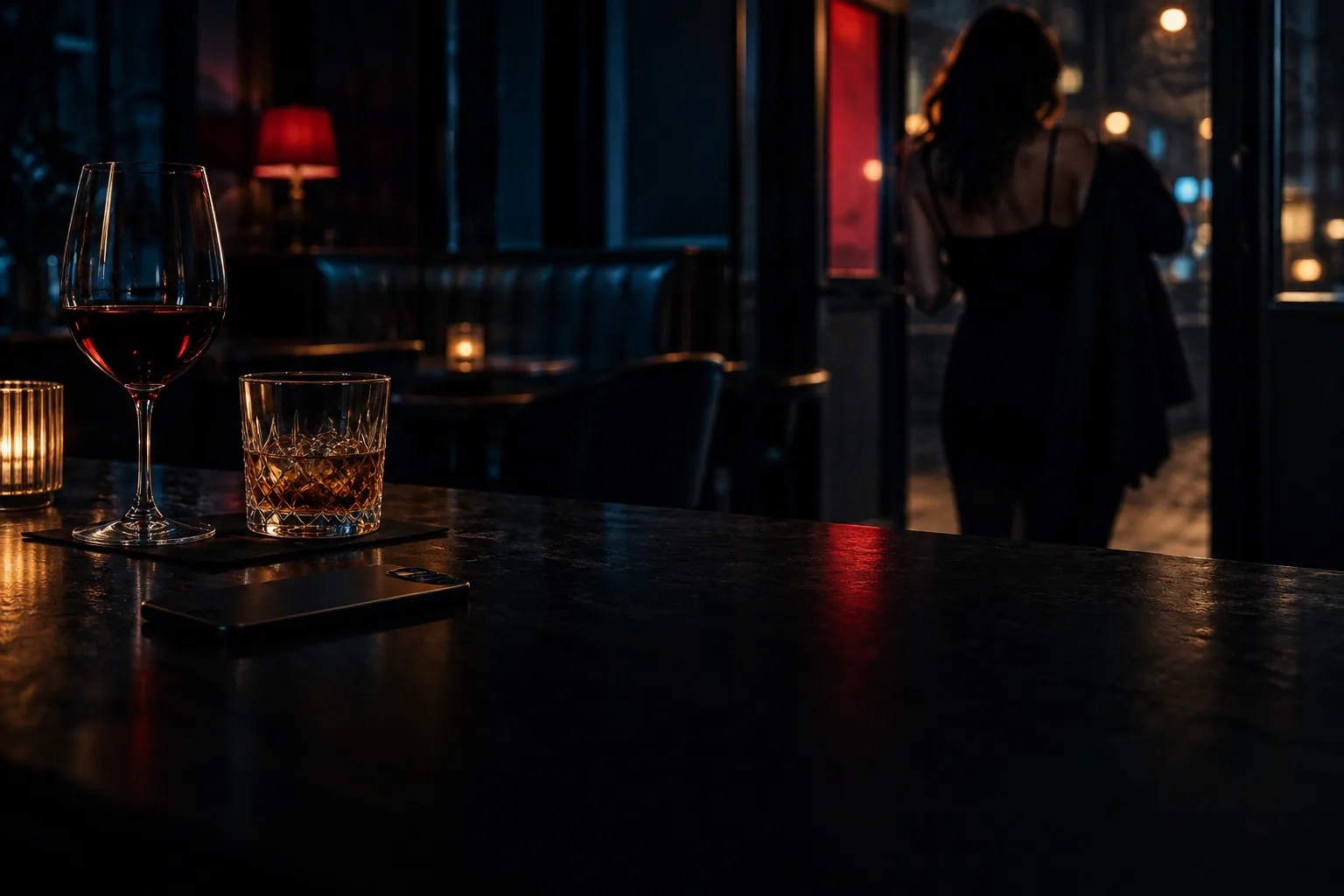 Dos copas sobre la barra de madera oscura de un bar de noche, con una persona desenfocada al fondo poniéndose el abrigo