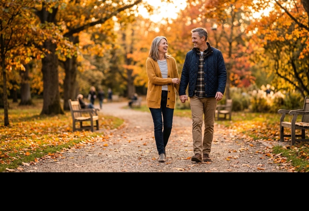 A warm couple in their mid-40s walking together in a park at golden hour