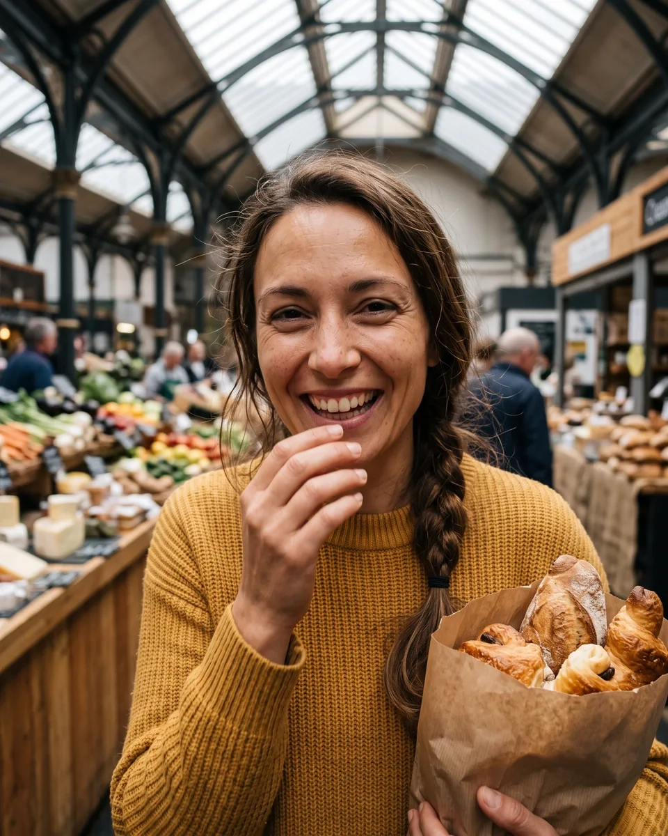 A woman with a long chestnut braid in a mustard sweater laughs inside a covered Victorian food market in Cork, holding a paper bag of fresh bread and looking at the camera with a teasing look (AI-generated image)