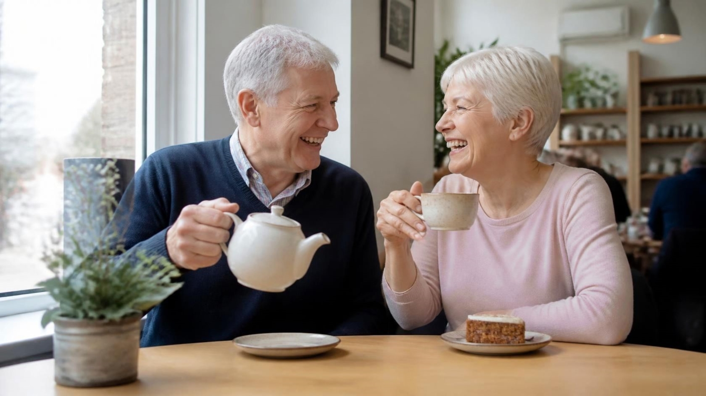 An older couple laughing over tea and cake at a café table