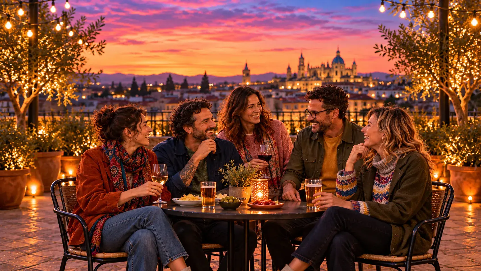 Grupo de cinco amigos charlando y riendo en una terraza de la ciudad al atardecer