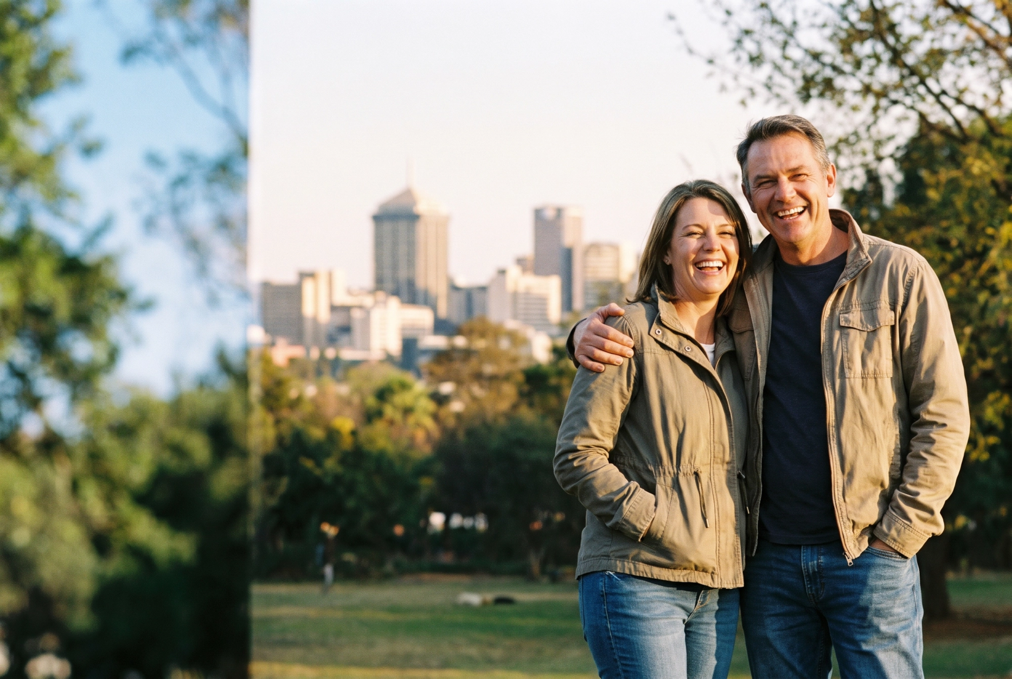 A happy couple laughing together in a leafy Johannesburg park with the Sandton skyline behind them