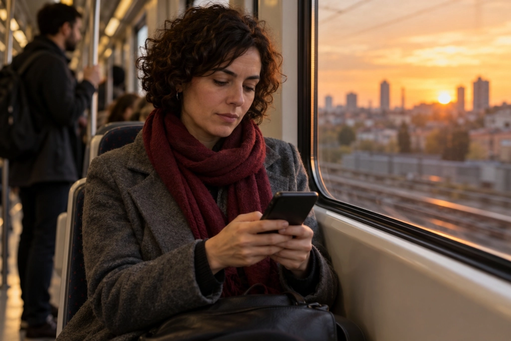 Mujer revisando su móvil junto a la ventanilla de un tren al atardecer