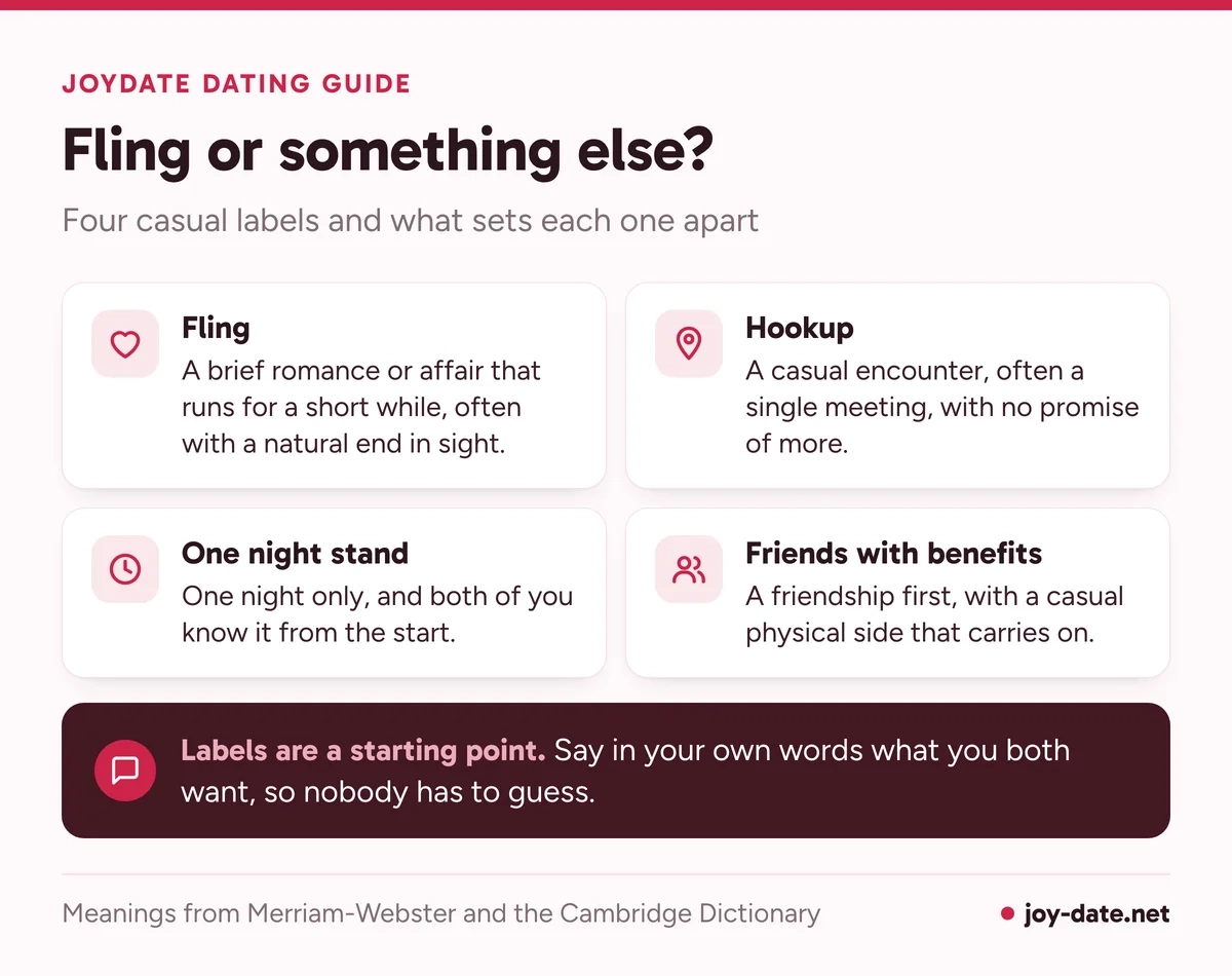 Four casual dating labels compared: fling, hookup, one night stand and friends with benefits, each with a one-line meaning