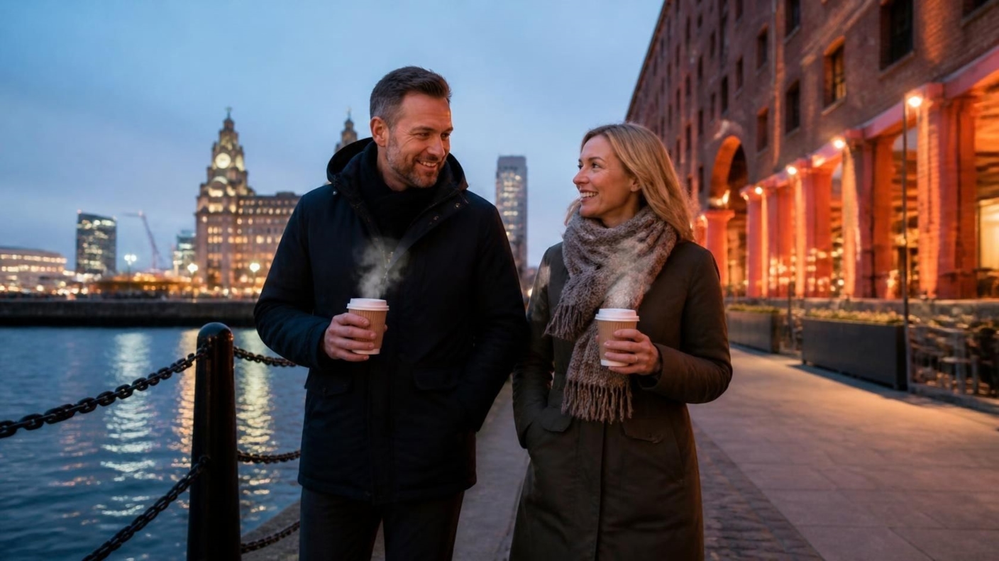 A couple in winter coats walking along the waterfront at dusk with takeaway coffees