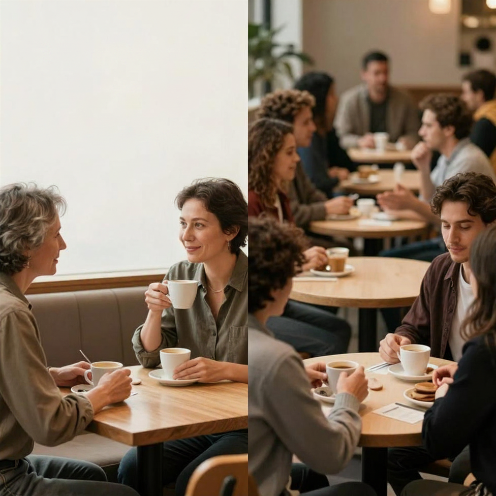 A split image: on the left, two women sit quietly having coffee and talking one-on-one; on the right, a crowded cafe full of people talking in fast-paced groups
