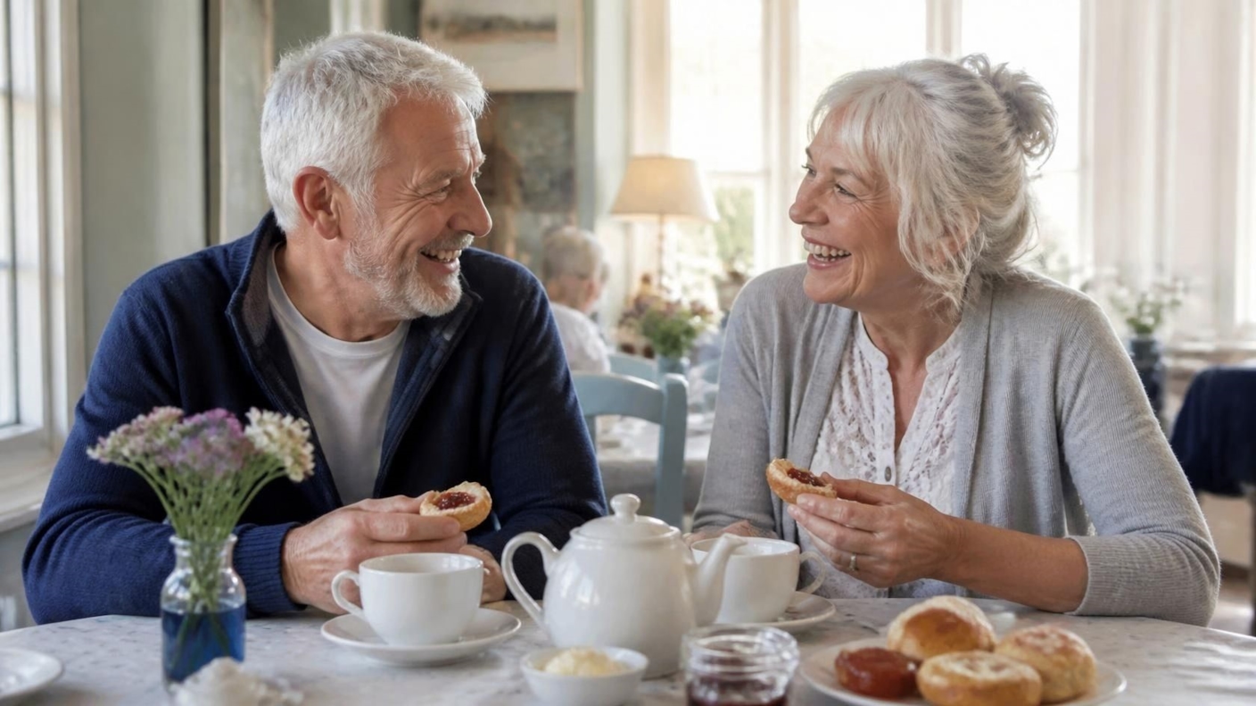 An older couple laughing over tea and butteries in a bright tearoom