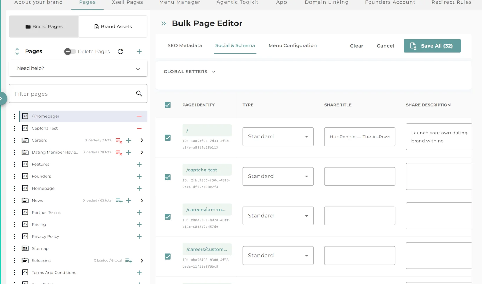 The Social and Schema tab of the Bulk Page Editor, showing per-page columns for Type (article schema type), Share Title and Share Description, one row per page.