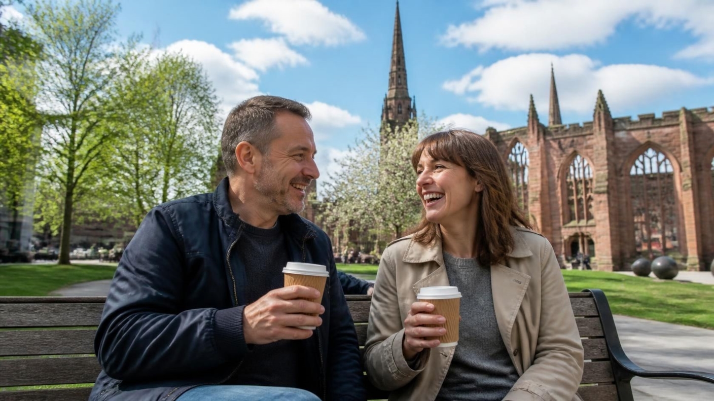 A couple laughing over takeaway coffees on a park bench, with old cathedral ruins behind them