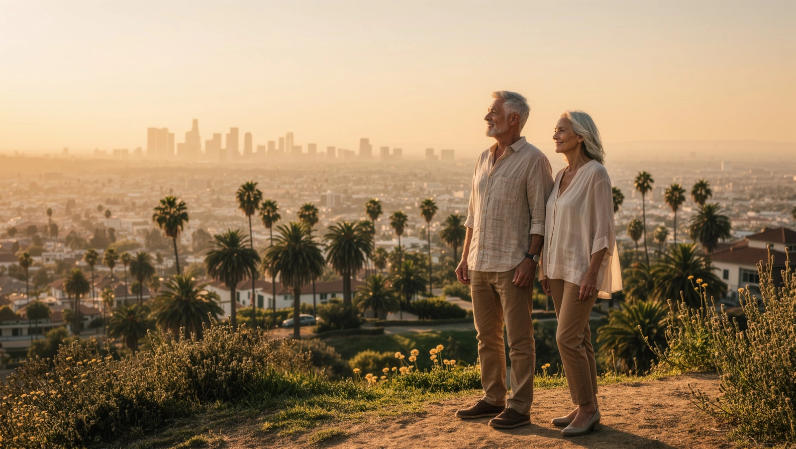A couple standing on a hillside trail looking out over a hazy city view with palm trees