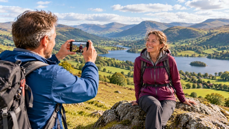 A walker taking a smiling photo of a friend at a hilltop viewpoint