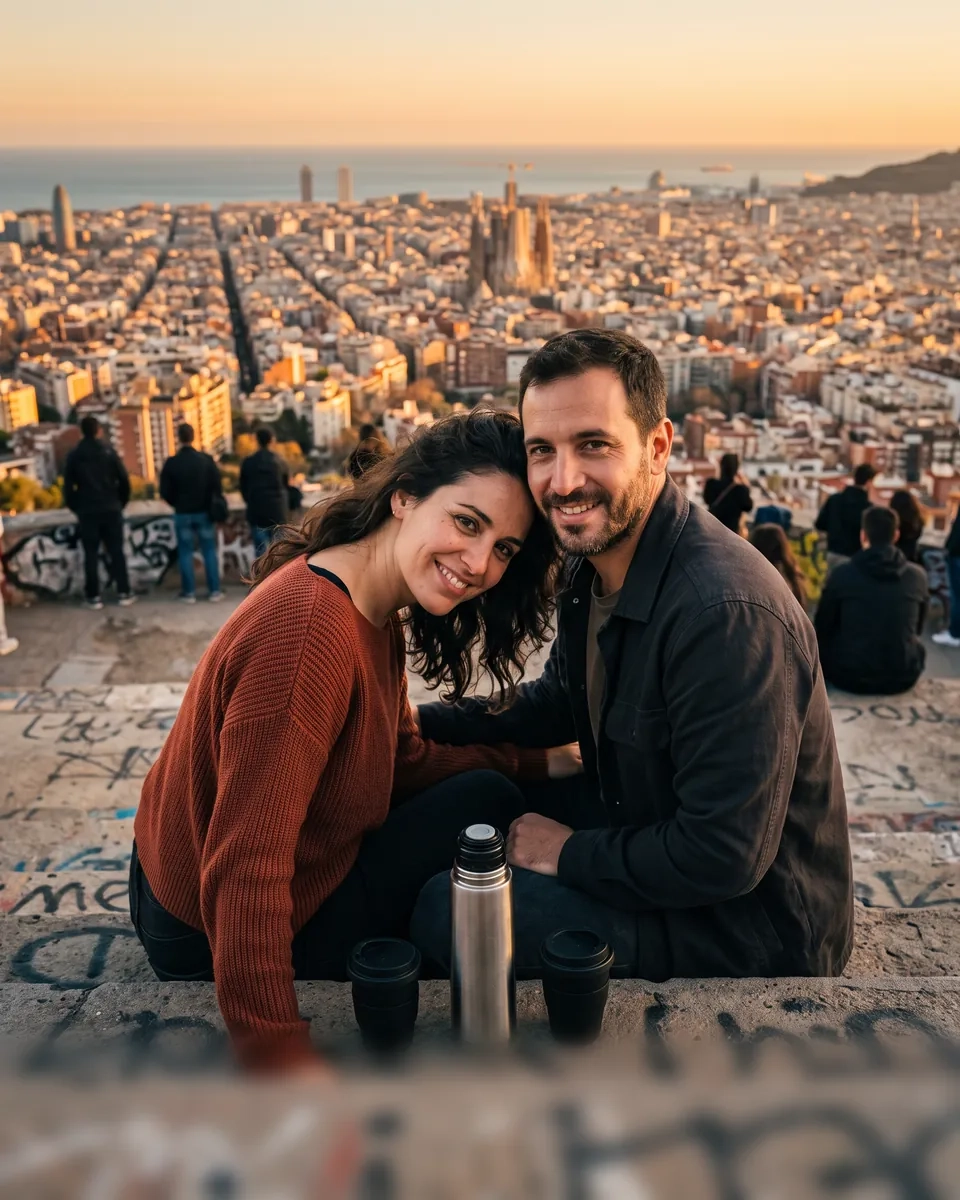 Una pareja sentada en el mirador del Turó de la Rovira al atardecer, ella apoyada en su hombro, con toda Barcelona y el mar detrás (imagen generada por IA)