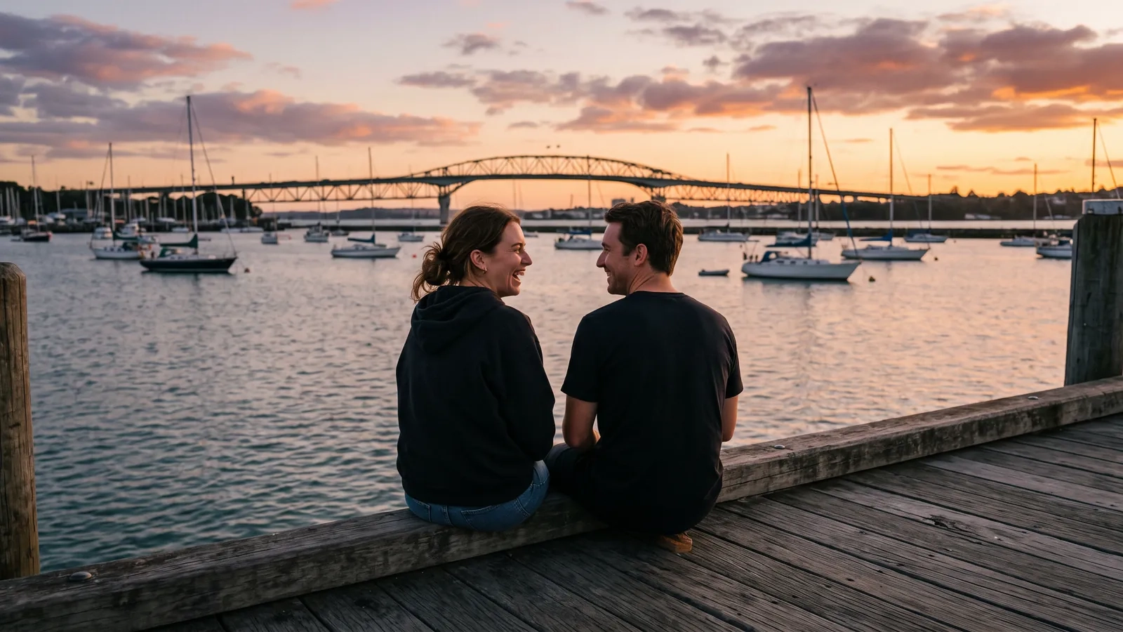 A couple sits on the edge of a wooden wharf at sunset, looking out over a harbour full of sailing boats with a long bridge in the distance (AI-generated image)