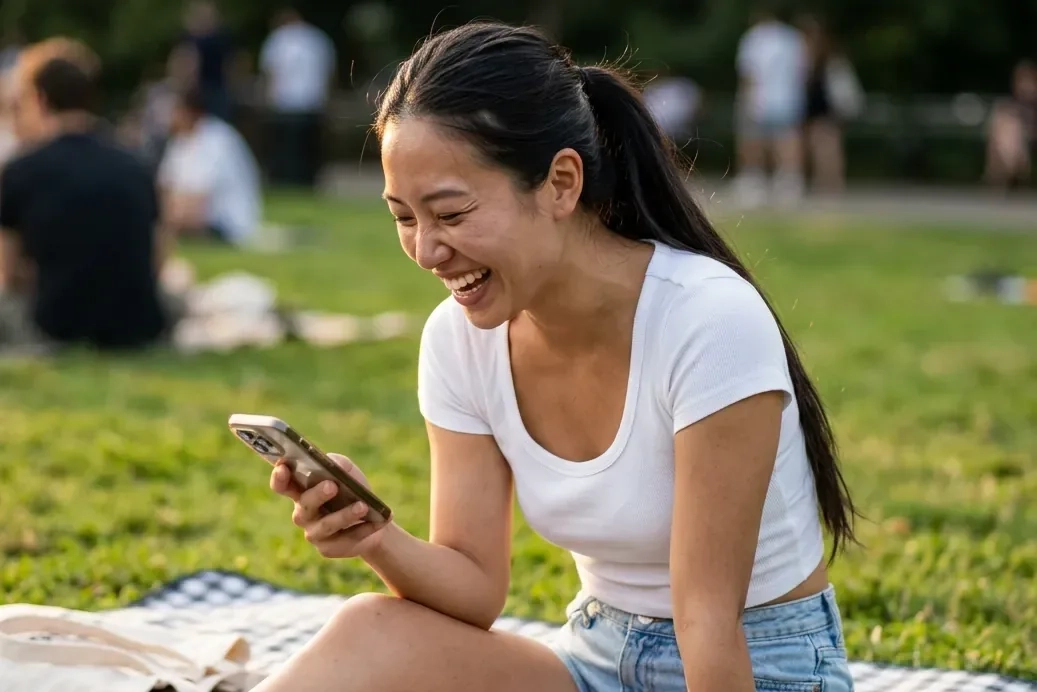 A woman with a long dark ponytail laughs out loud at her phone on a picnic blanket in a city park on a summer evening (AI-generated image)