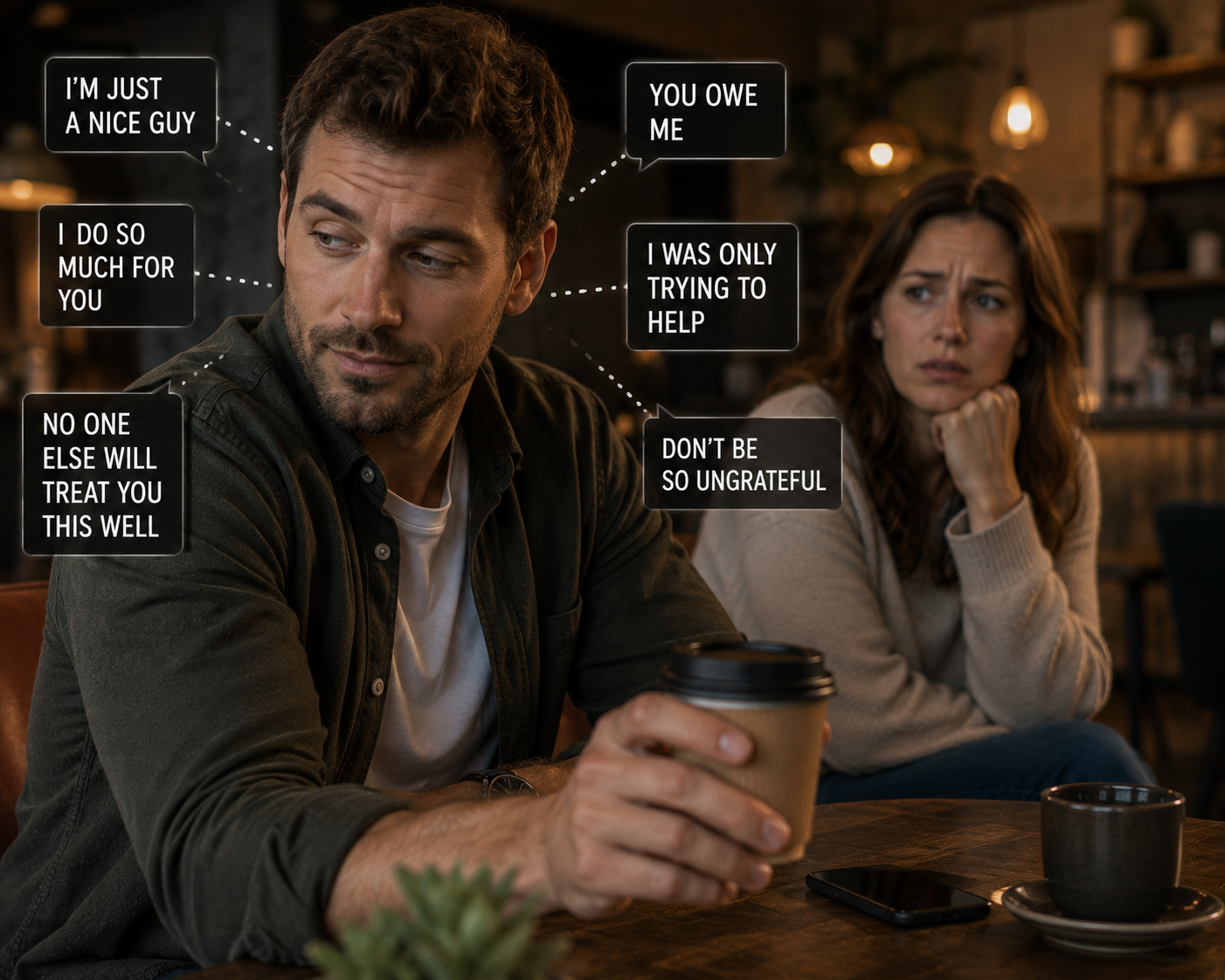 A man looks away thoughtfully while several speech bubbles around him show guilt-tripping phrases, with a concerned woman sitting behind him