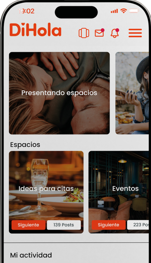 Pantalla de Spaces de DiHola con conversaciones sobre ideas para citas y eventos