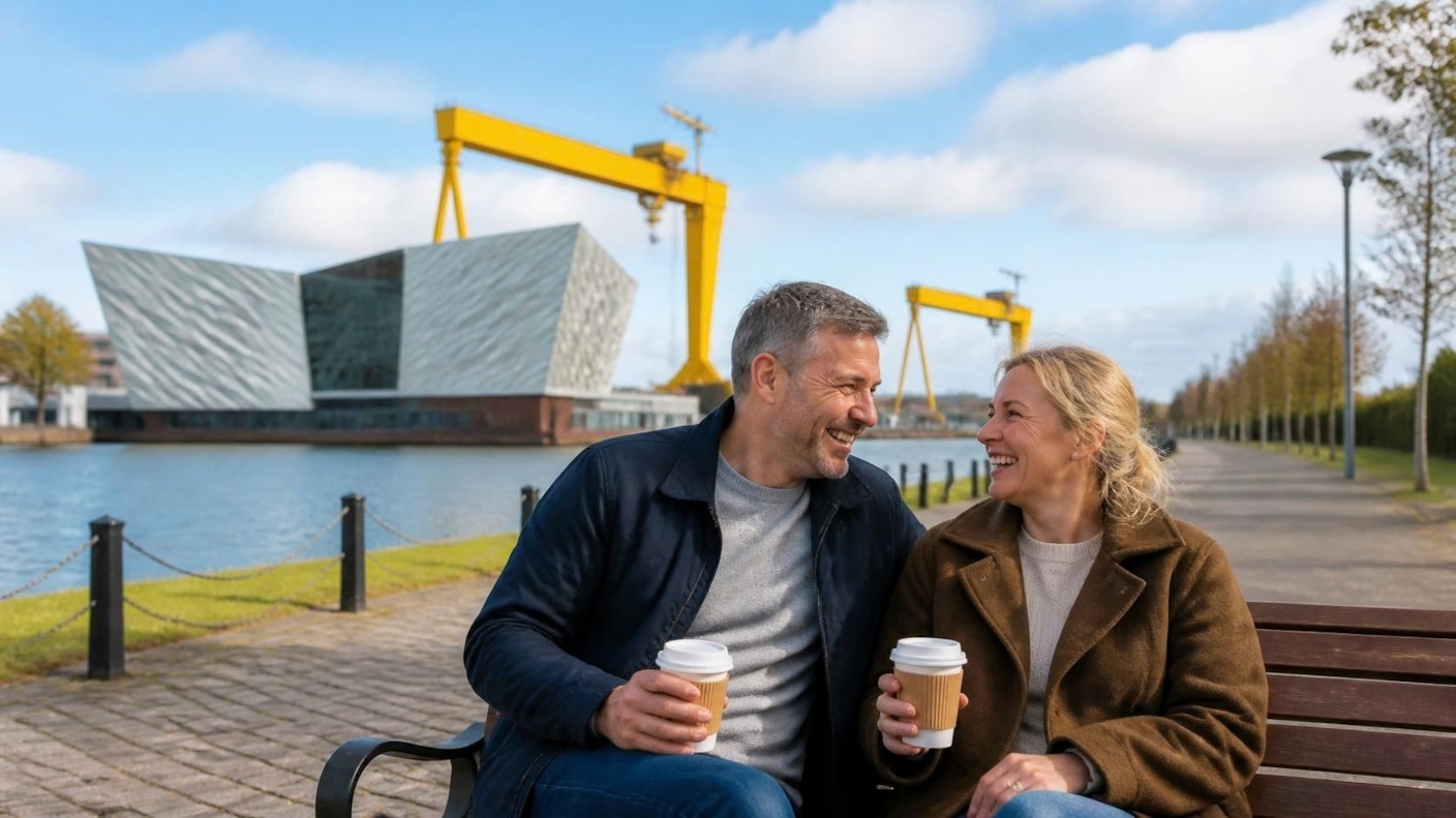 A couple laughing over takeaway coffees on a bench by the Belfast waterfront, with the yellow shipyard cranes behind them