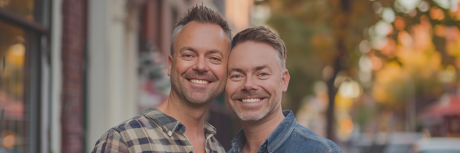 A vibrant San Francisco skyline with Rainbow flags, symbolizing local gay dating