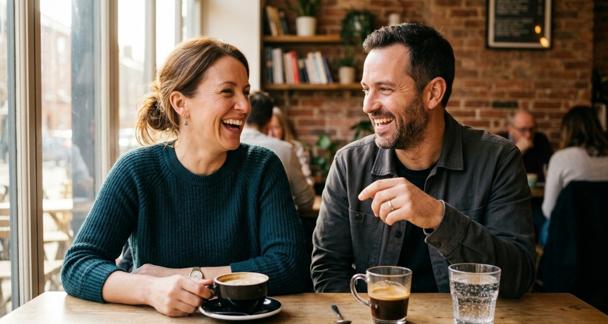 Two people in their forties laughing together over coffee in a sunlit cafe