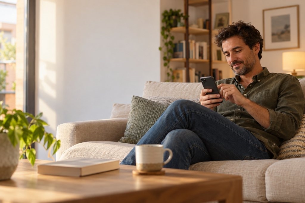 Hombre de unos cuarenta y cinco años sentado en el sofá de su casa, escribiendo tranquilamente en el móvil junto a una taza de café