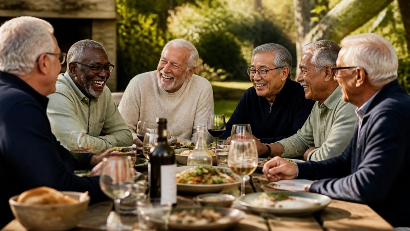 A group of friends in their 60s and 70s laughing together around a table in a sunny garden