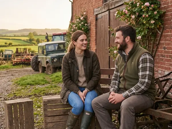A couple sitting on crates outside a brick barn, talking