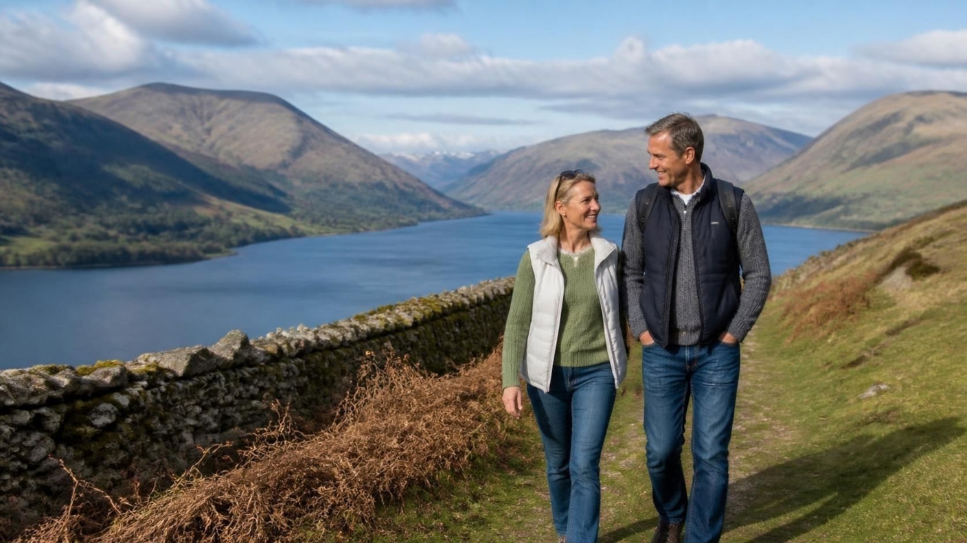 A couple walking on a fell path beside a dry-stone wall above a Lake District lake