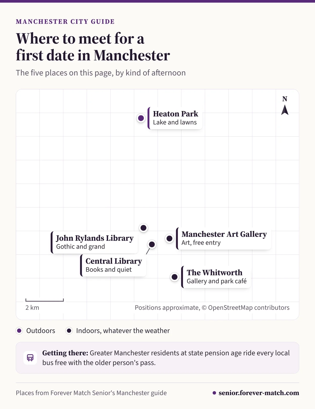Map of first-date places in Manchester: Manchester Art Gallery, the John Rylands Library, Central Library, the Whitworth and Heaton Park