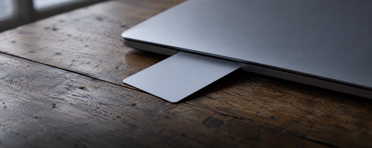 A blank payment card lying on a worn wooden table, half tucked under the closed lid of a laptop in flat daylight