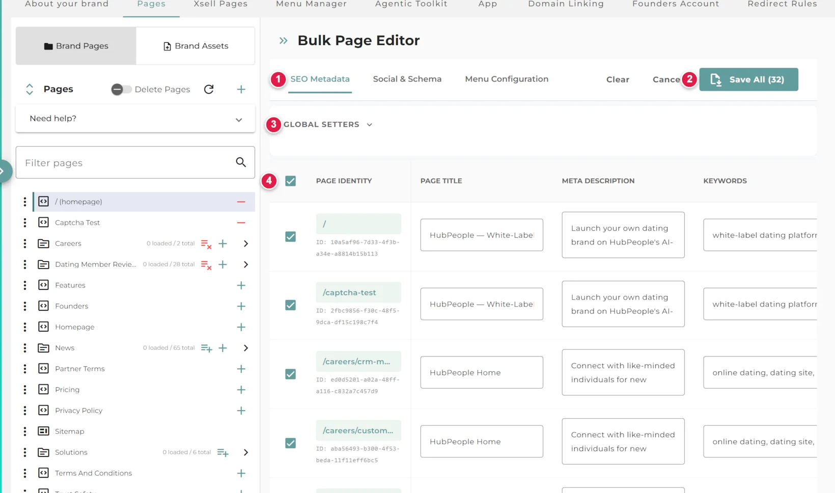The Bulk Page Editor on the SEO Metadata tab with several pages loaded, showing editable Page Title, Meta Description and Keywords cells. Markers point to the three tabs, the Save All button, the Global Setters panel, and the row checkboxes.
