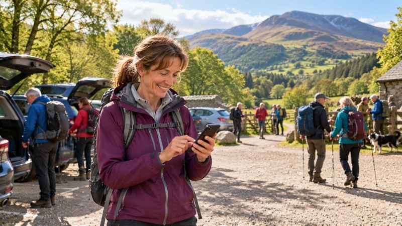 A walker checking a map on a phone at a busy trail car park, friendly daytime scene
