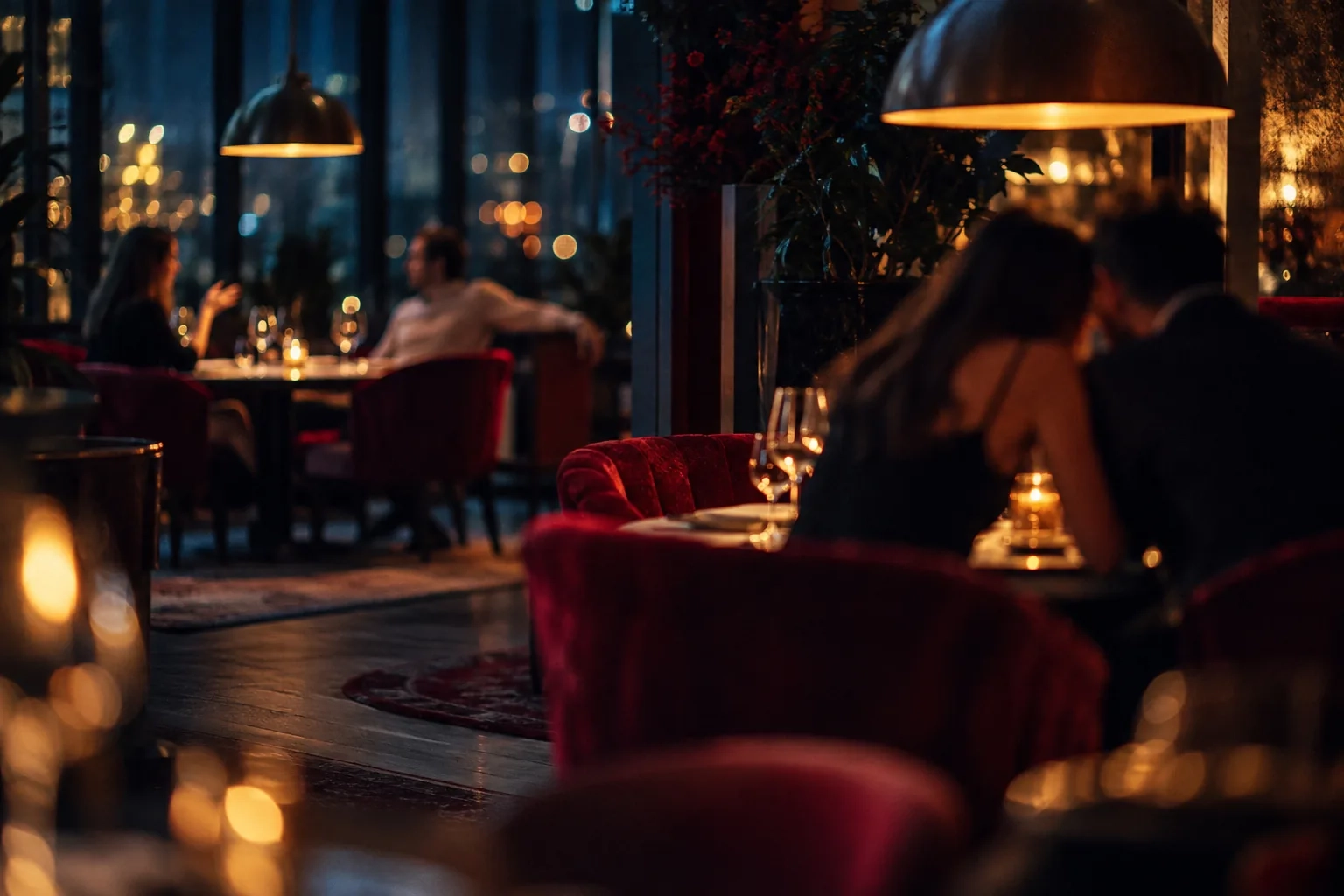 Dos mesas de un restaurante en penumbra vistas de lejos: en una, dos personas muy juntas; en otra, dos charlando a cierta distancia
