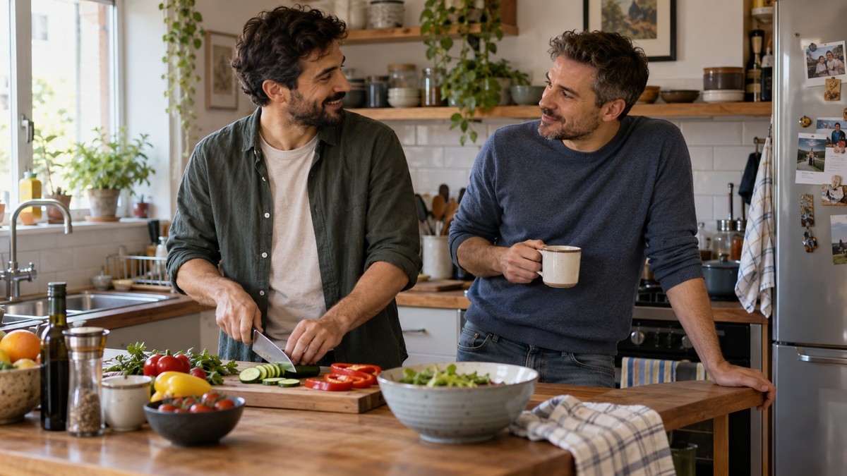 Pareja de hombres cocinando y charlando juntos en la cocina de casa