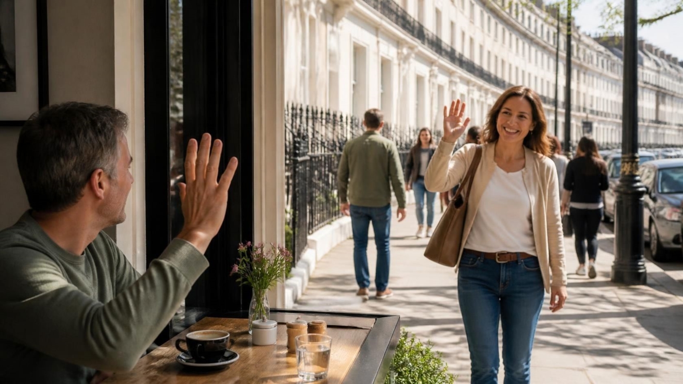 A woman waving hello as she arrives at a café on a street of Georgian terraces