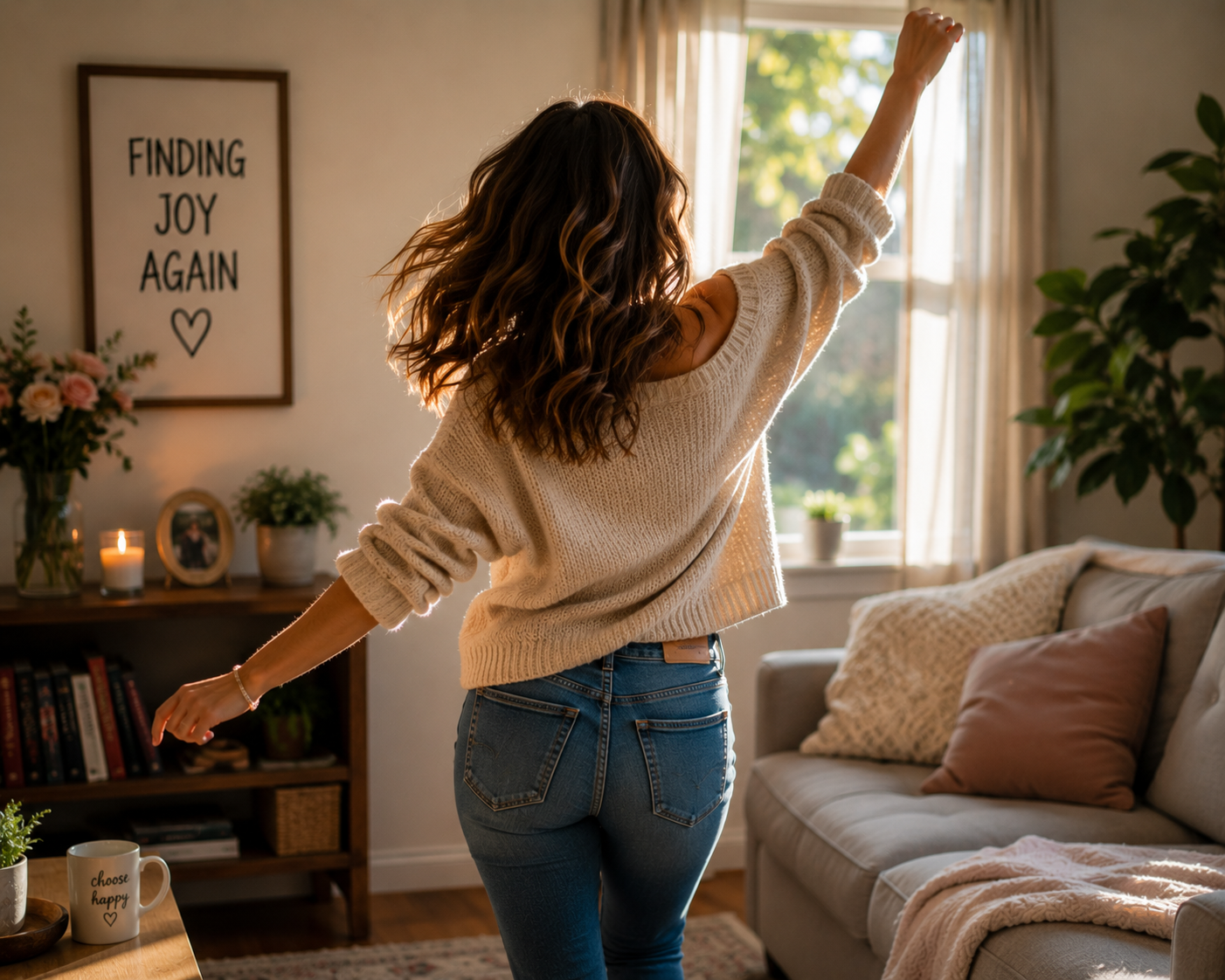 A woman dances alone in her living room with her arm raised, hair swinging, sunlight streaming through the window behind her, a framed sign reading 'finding joy again' on the wall