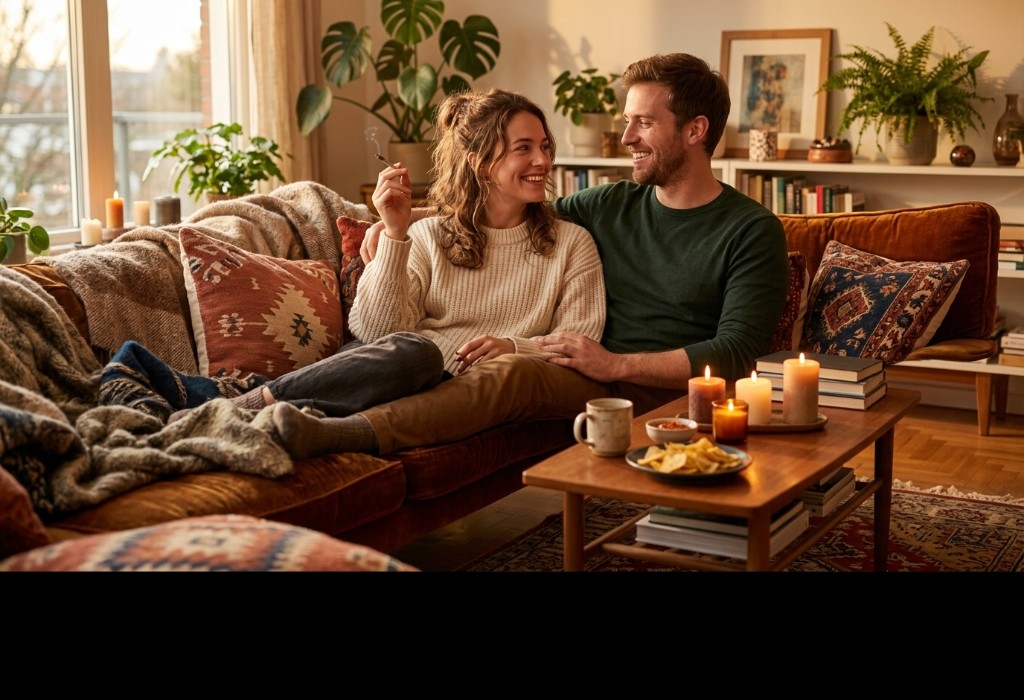 A relaxed couple sitting on a cozy couch discussing cannabis tolerance in their relationship