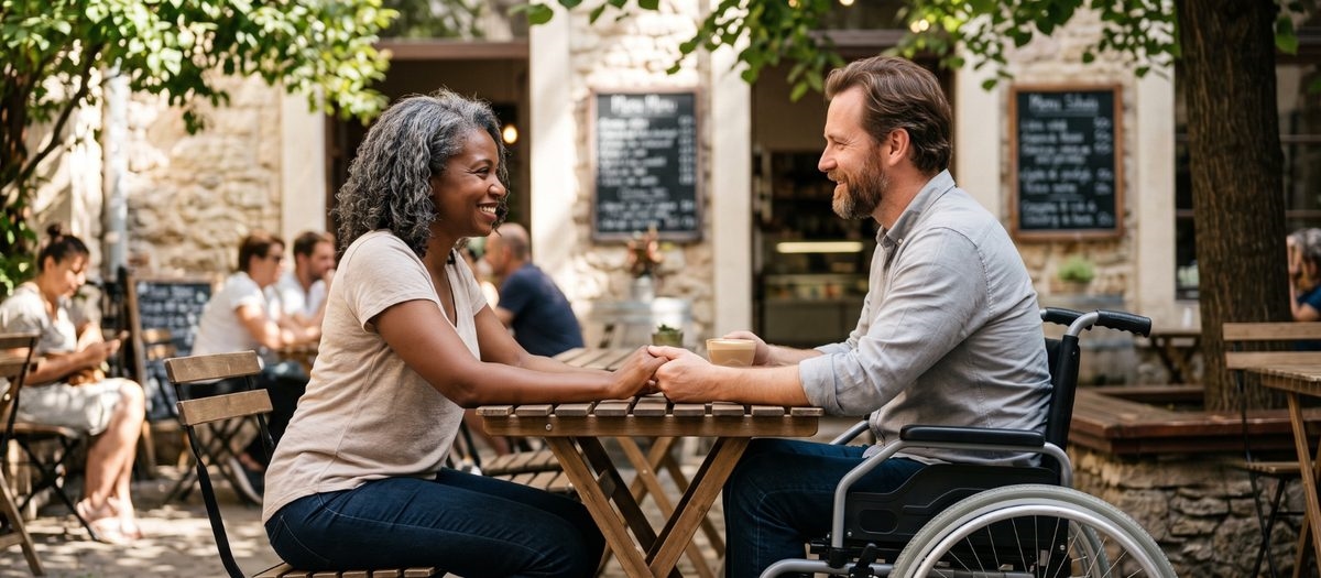 Two people laughing together over coffee at a cafe table, one seated in a wheelchair