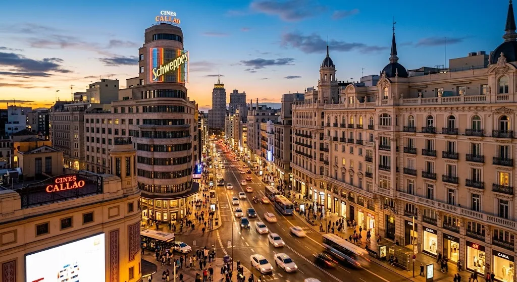 La Gran Vía de Madrid al atardecer, con el edificio Carrión y los Cines Callao