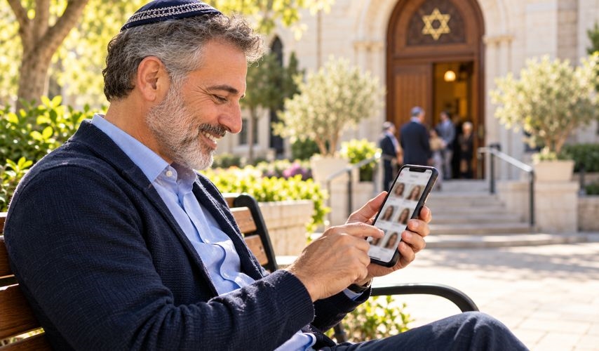 Man in his fifties wearing a kippah smiling at his phone on a bench outside a synagogue